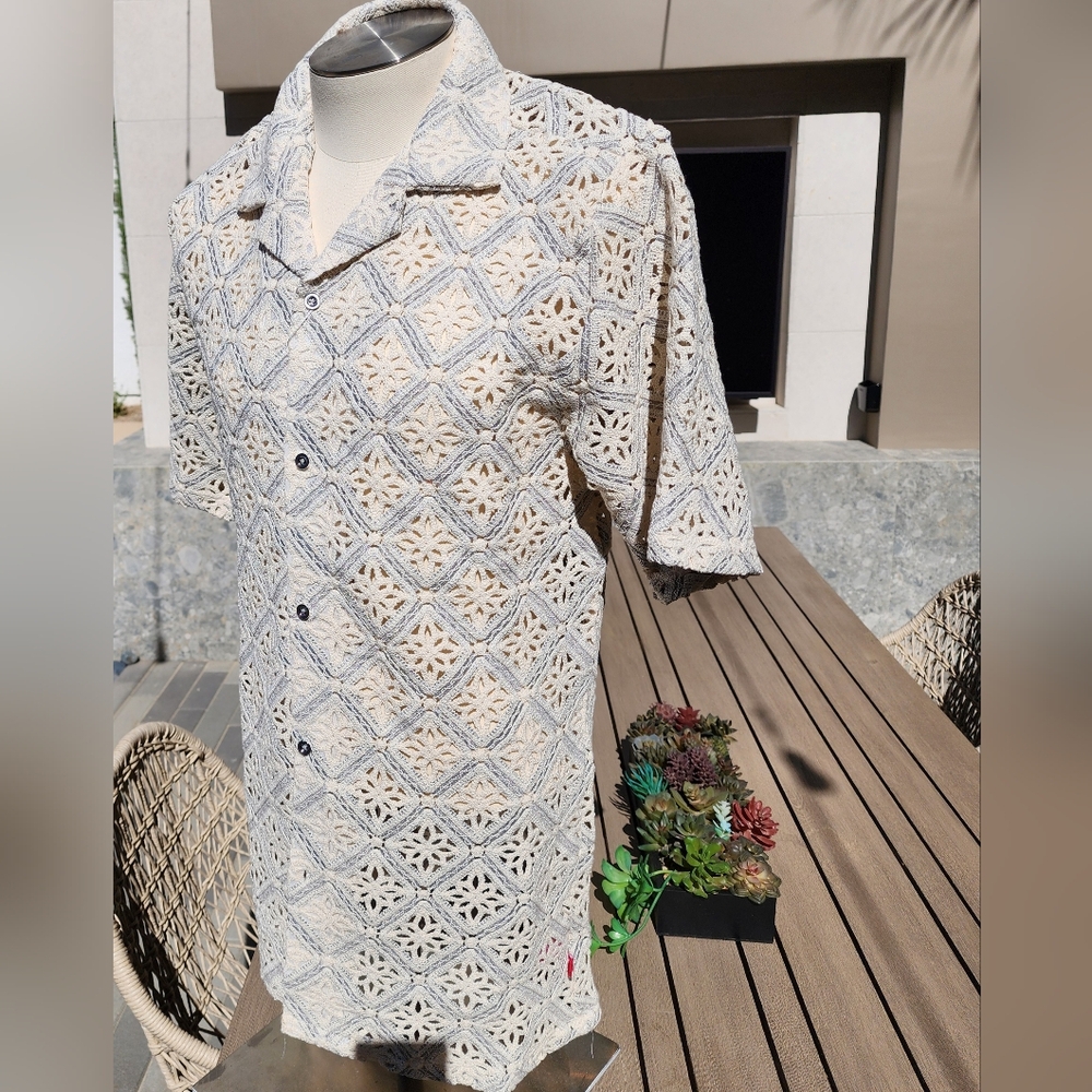 Stacy Adams Men's Gray Geometric Floral Lattice Crochet Woven Shirt Size XL - Picture 3 of 10